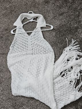 White Crochet Halter Top Collared Dress with Fringe